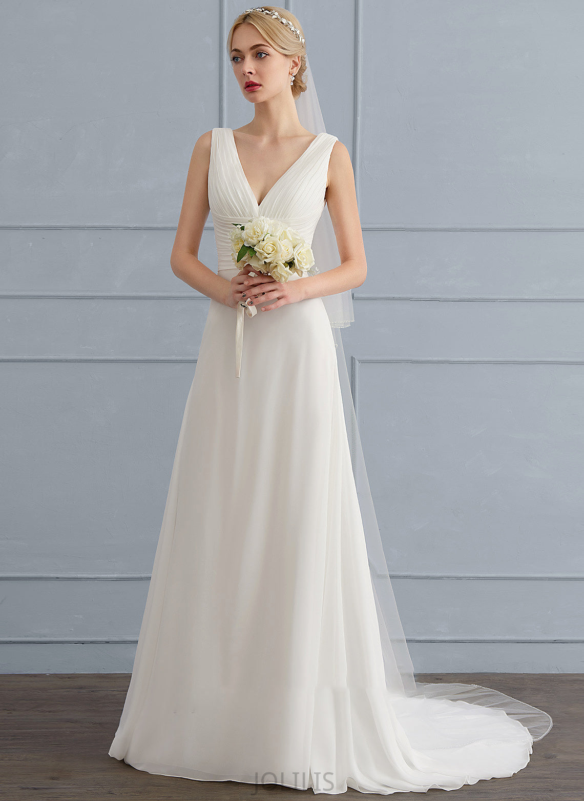 Ruffle Sweep With Train Chiffon Aimee Wedding V-neck Wedding Dresses A-Line Dress