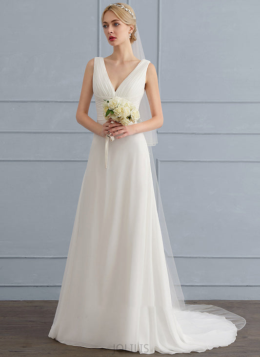 Ruffle Sweep With Train Chiffon Aimee Wedding V-neck Wedding Dresses A-Line Dress