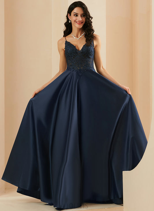 A-Line Floor-Length Magdalena V-neck Prom Dresses Lace