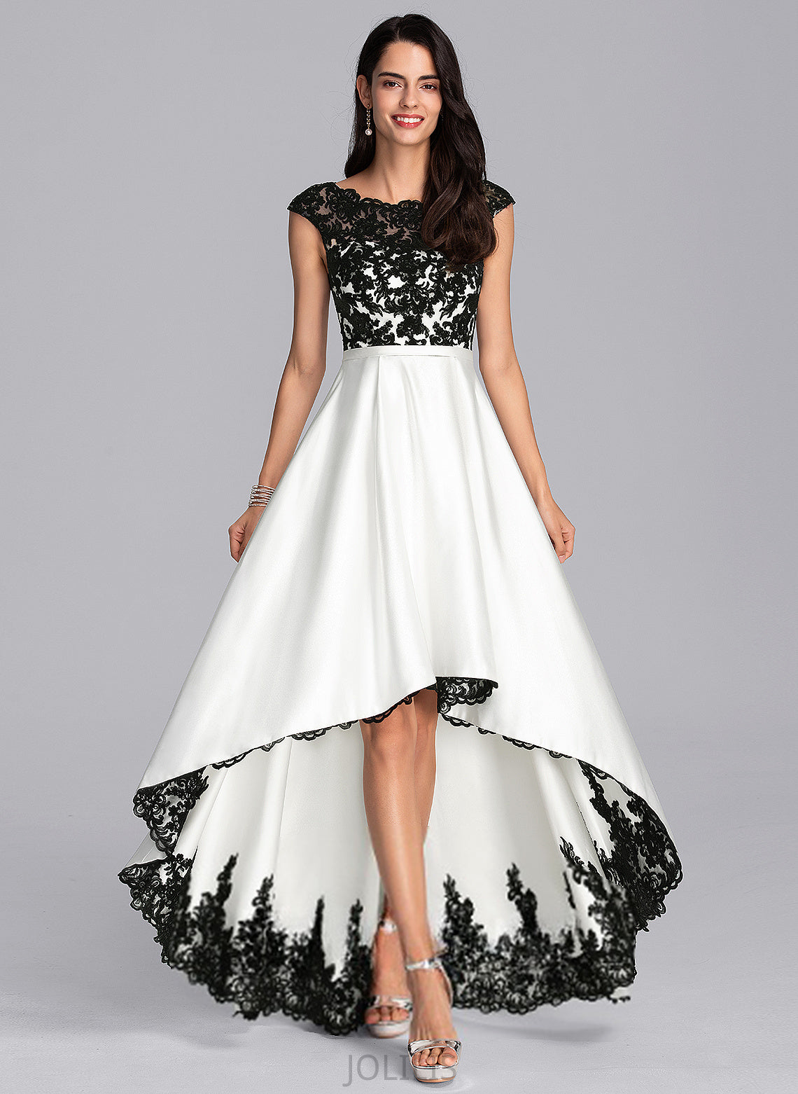 Asymmetrical Scoop Illusion Lace Satin Margery Prom Dresses A-Line