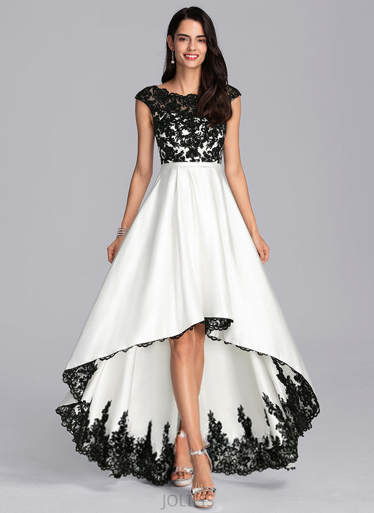 Asymmetrical Scoop Illusion Lace Satin Margery Prom Dresses A-Line