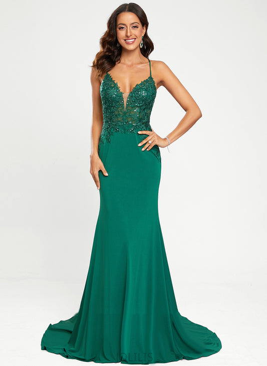 With Train Prom Dresses Kierra Jersey Sweep Sequins Trumpet/Mermaid V-neck