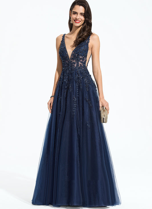 V-neck Sequins With Alison Prom Dresses A-Line Beading Tulle Floor-Length Lace