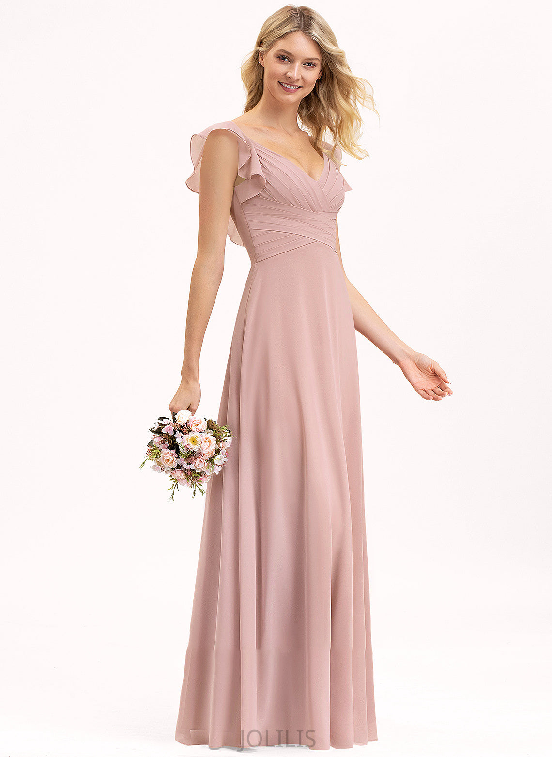 Empire Cascading Ruffles Floor-Length Chiffon V-neck Kathy With Prom Dresses