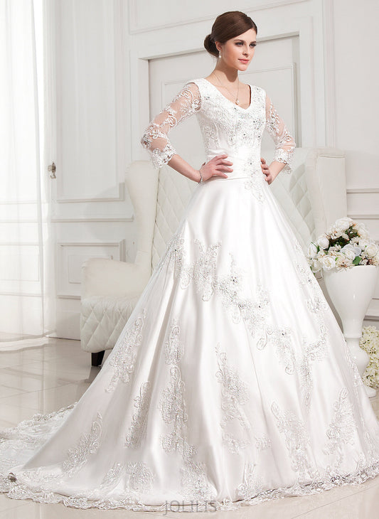 Dress Beading Chapel Wedding With Lea Satin Lace Train V-neck Wedding Dresses Appliques Ball-Gown/Princess