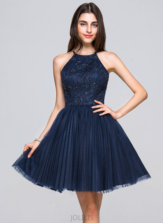 Prom Dresses Beading A-Line/Princess Sequins Kamila Bow(s) Neck Short/Mini With Scoop Pleated