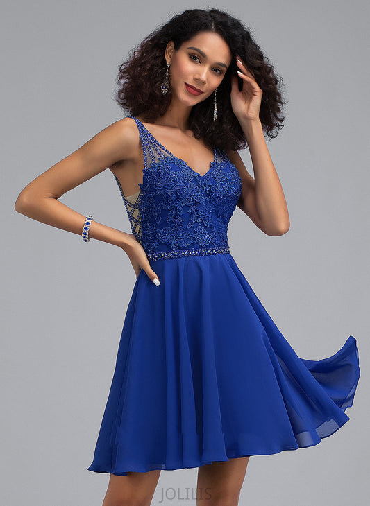 Chiffon Homecoming Dresses A-Line Lucinda Homecoming V-neck Beading Short/Mini With Dress Lace