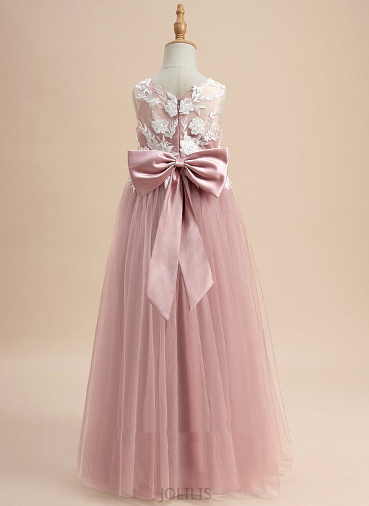 '- With Floor-length Lace/Bow(s) Sleeveless Flower Tulle A-Line Dress Girl V-neck Shea Flower Girl Dresses