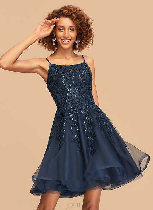 A-Line Homecoming With Charlie Dress Short/Mini Square Sequins Homecoming Dresses Tulle Lace Beading Neckline