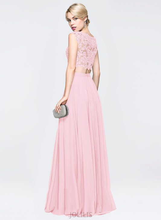 Wendy Lace Sequins Floor-Length Prom Dresses A-Line Scoop With Chiffon Beading