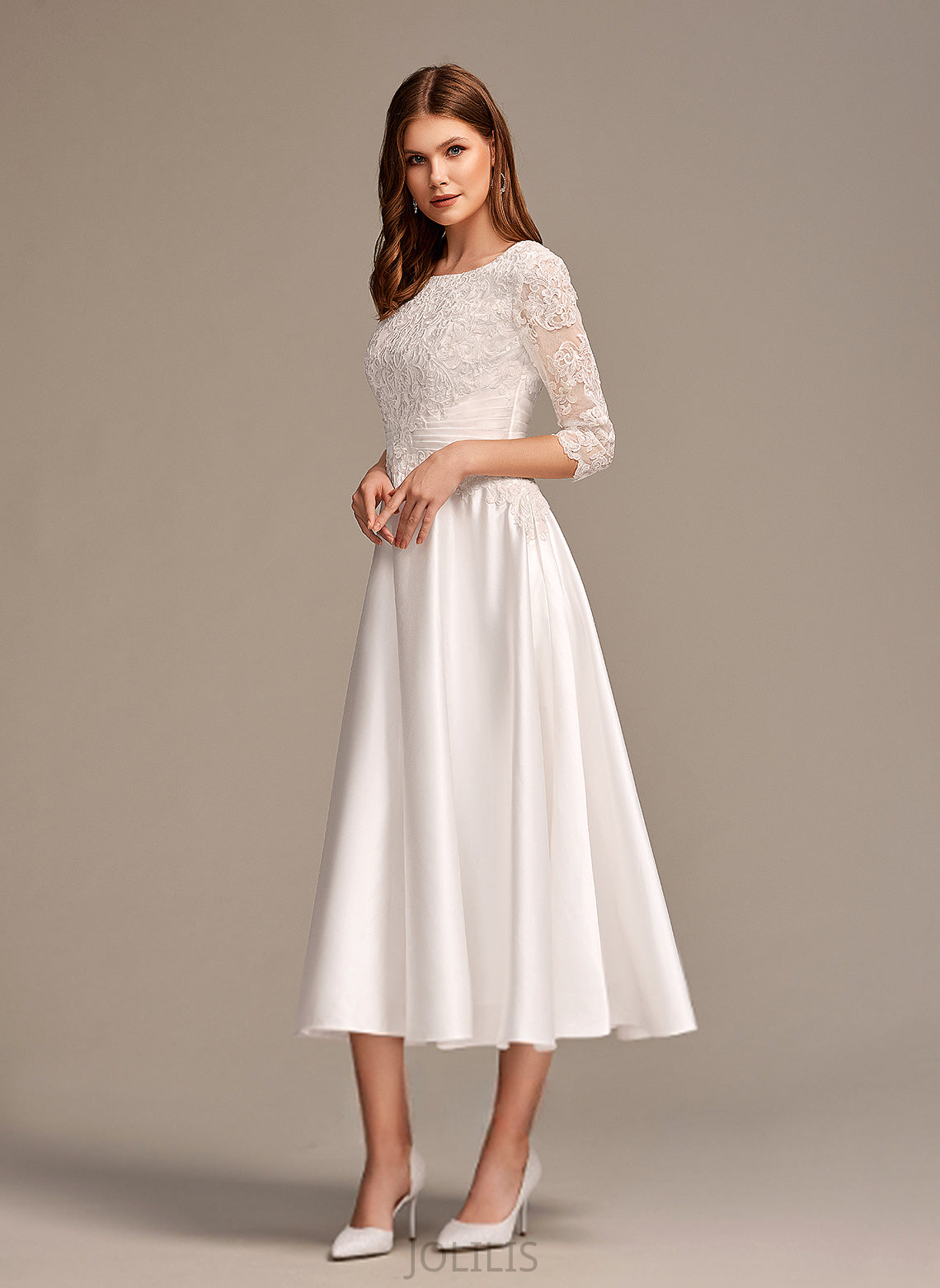 Wedding Dress Satin Daniela Tea-Length A-Line Wedding Dresses Scoop Lace