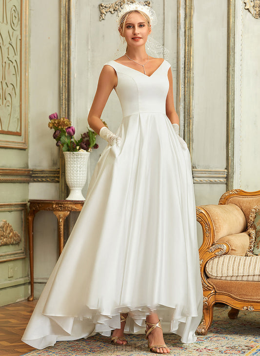 With Asymmetrical Wedding V-neck Pockets Kaleigh Dress Satin Ball-Gown/Princess Wedding Dresses