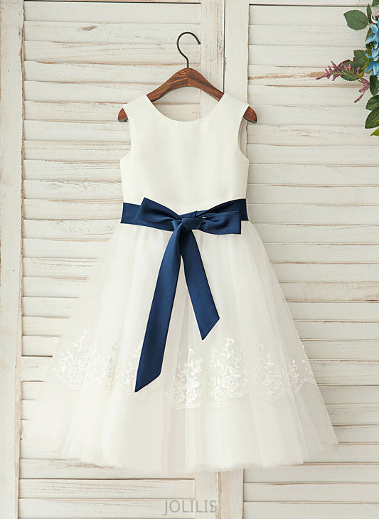 Sleeveless A-Line/Princess Flower Girl Dresses Neck Dress Sash With Sahna Girl - Satin/Lace Flower Tea-length Scoop