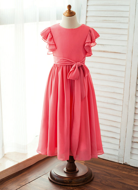 Sash Girl Chiffon Sleeves Short A-Line/Princess Neck With Flower Scoop Jaiden Dress Ankle-length - Flower Girl Dresses