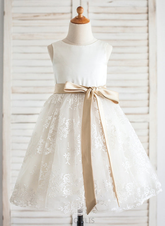 Sleeveless Dress Elaine With - Flower Sash Flower Girl Dresses Neck Knee-length Scoop A-Line/Princess Girl Satin/Lace