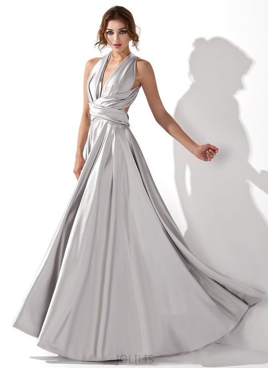 With Nia Prom Dresses A-Line Charmeuse Pleated V-neck Floor-Length