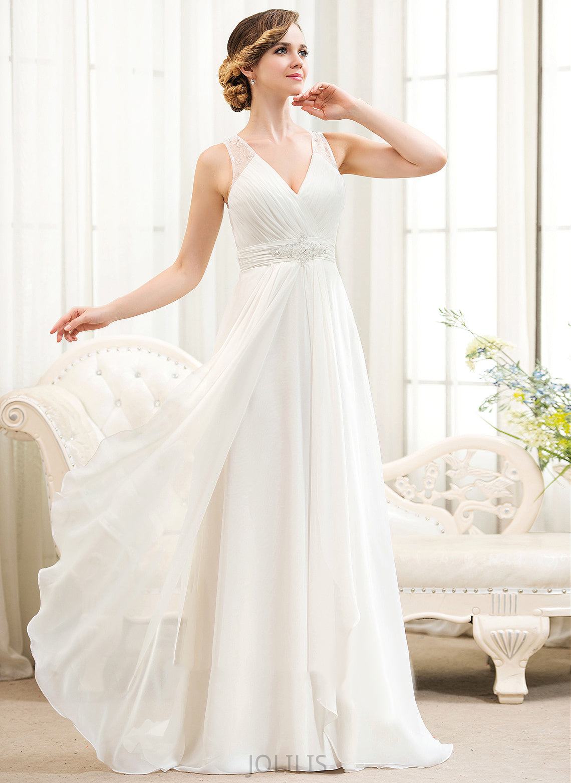 Chiffon Beading Wedding Sweep Cascading Train A-Line Ruffles With Sequins Wedding Dresses Dress V-neck Tulle Macey