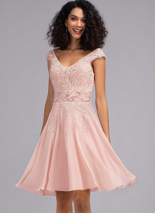 Homecoming Dresses Chiffon Lace V-neck Knee-Length Dress Homecoming With Novia A-Line Beading