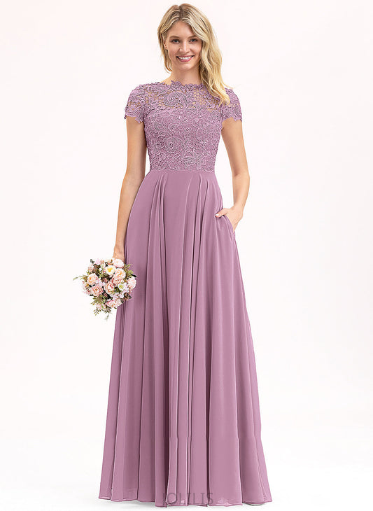 Neck With Chiffon Lace Amber Pockets A-Line Floor-Length Prom Dresses Scoop