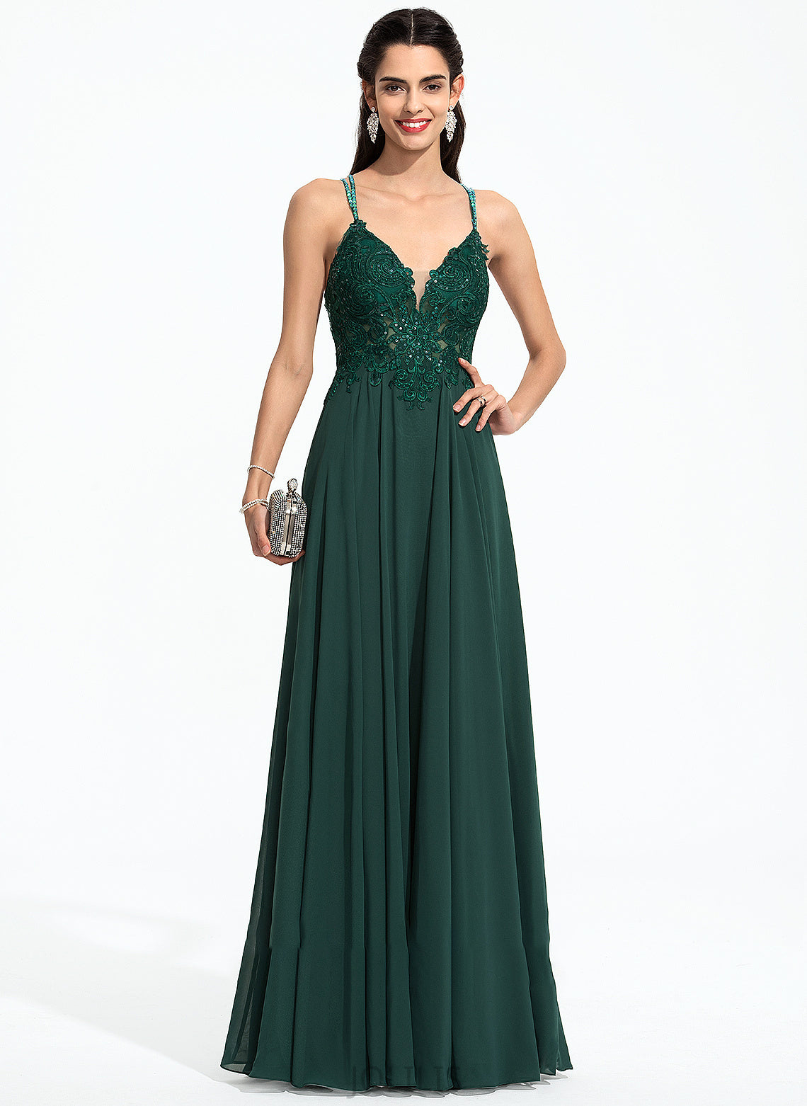 A-Line Sequins Prom Dresses Noemi Floor-Length Chiffon With Beading V-neck