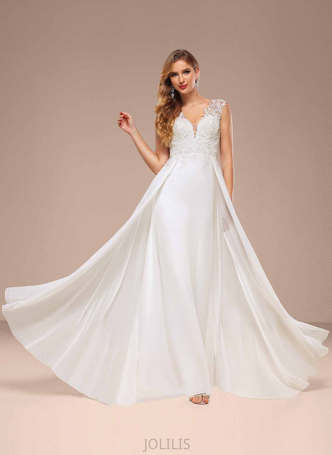 Chiffon Lace Train Wedding A-Line V-neck Tessa Wedding Dresses Sweep Dress