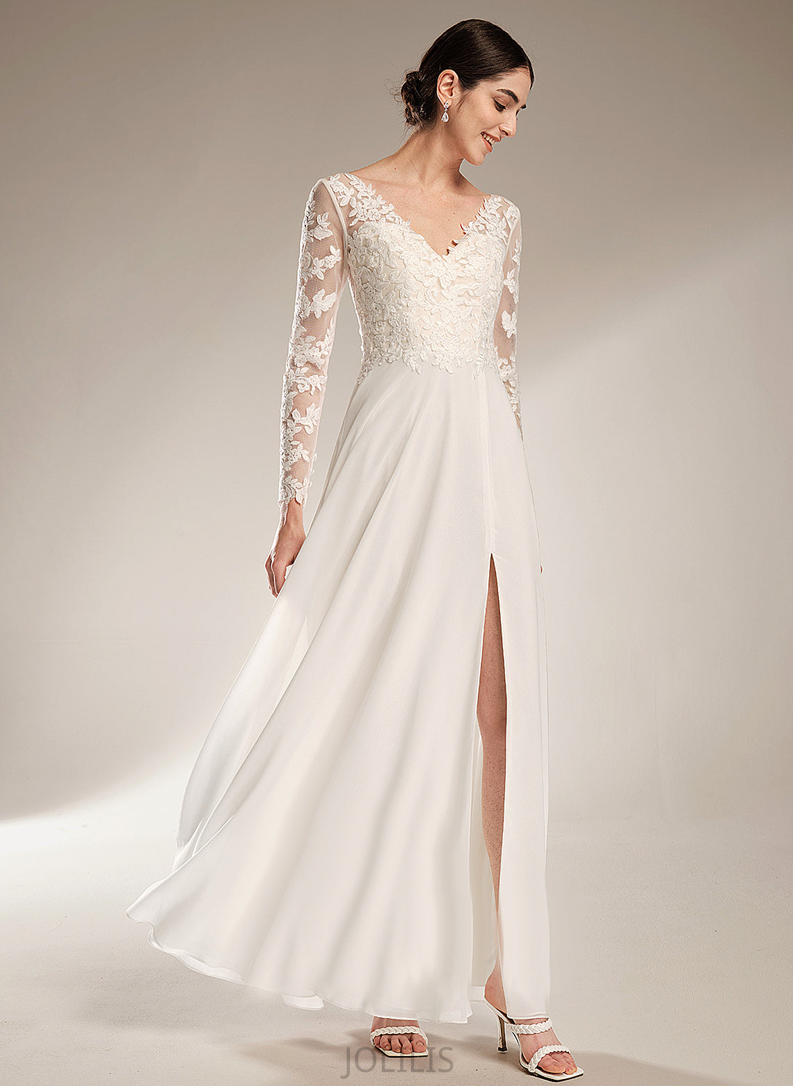 Wedding Dresses Split A-Line Lace V-neck Front Wedding Addyson With Floor-Length Chiffon Dress