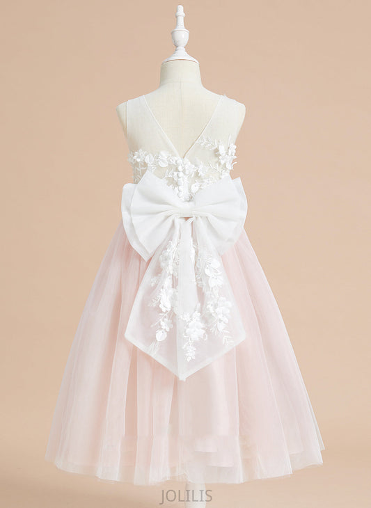 Tulle - Sleeveless Flower Girl Dresses Flower Valery Neck A-Line Scoop With Lace/Flower(s)/Bow(s) Tea-length Girl Dress