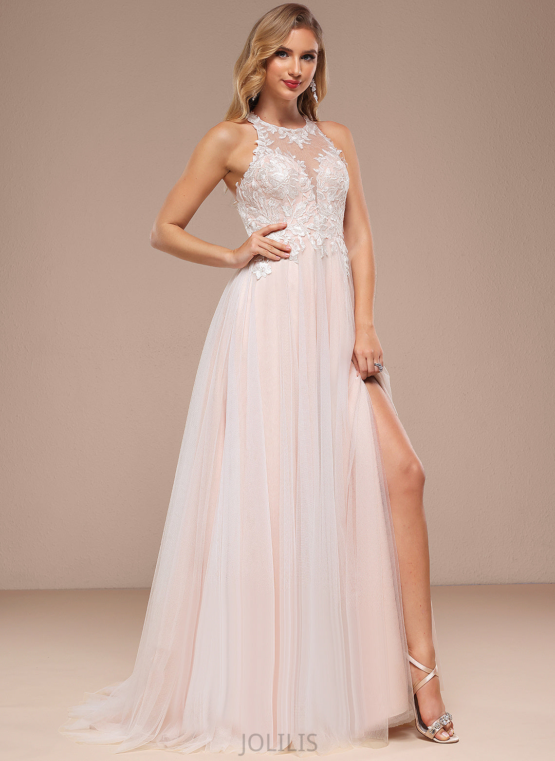 Sweep Lace Dress A-Line Dalia Halter Wedding Dresses With Train Wedding Tulle Beading Sequins