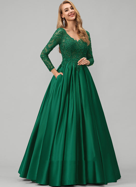 Prom Dresses Ball-Gown/Princess Floor-Length With Olivia Beading V-neck Satin Sequins