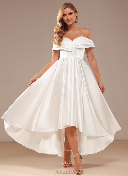 Satin Asymmetrical Dress Pockets Off-the-Shoulder Wedding Wedding Dresses With A-Line Dayanara