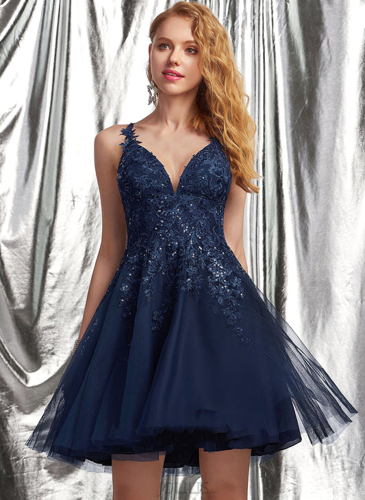 Dress Sequins Homecoming Dresses V-neck Lace Tulle Short/Mini With A-Line Homecoming Muriel