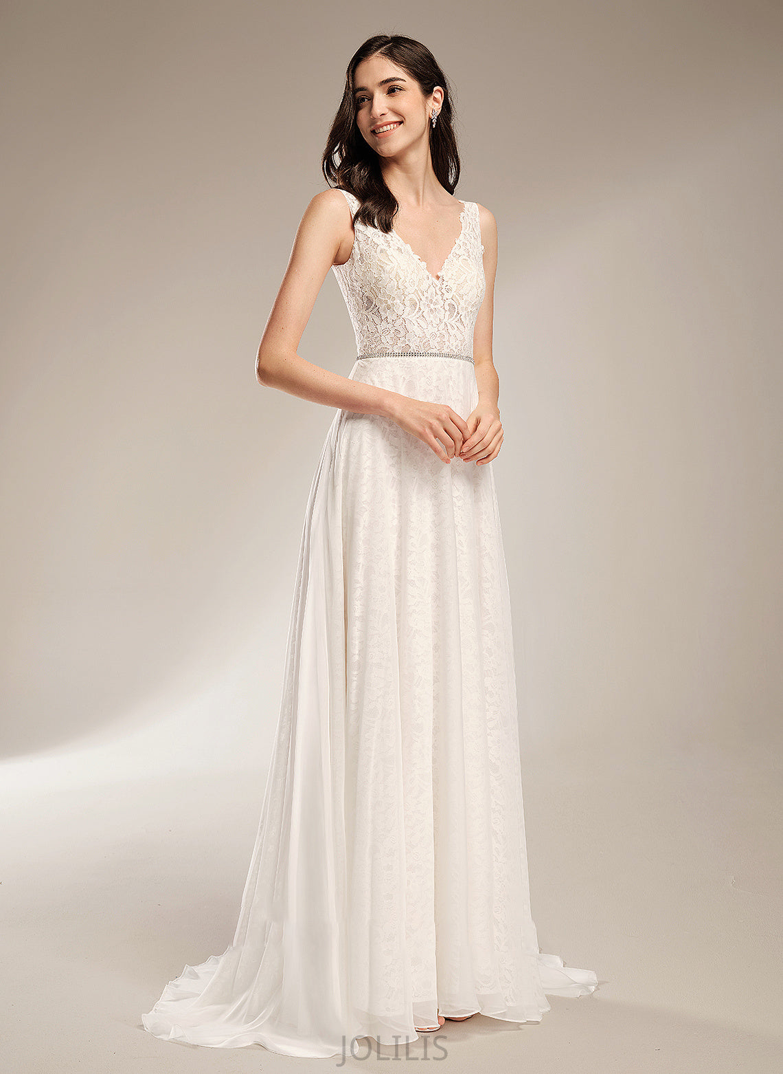 Dress With V-neck Sweep Wedding Wedding Dresses A-Line Beading Train Guadalupe