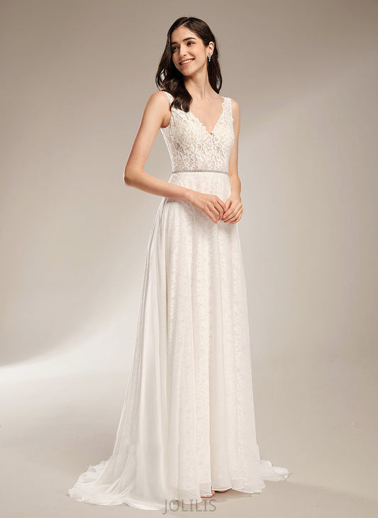 Dress With V-neck Sweep Wedding Wedding Dresses A-Line Beading Train Guadalupe