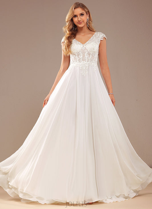 Wedding Dress With A-Line Wedding Dresses Lace Chiffon Sweep V-neck Lace Karen Train