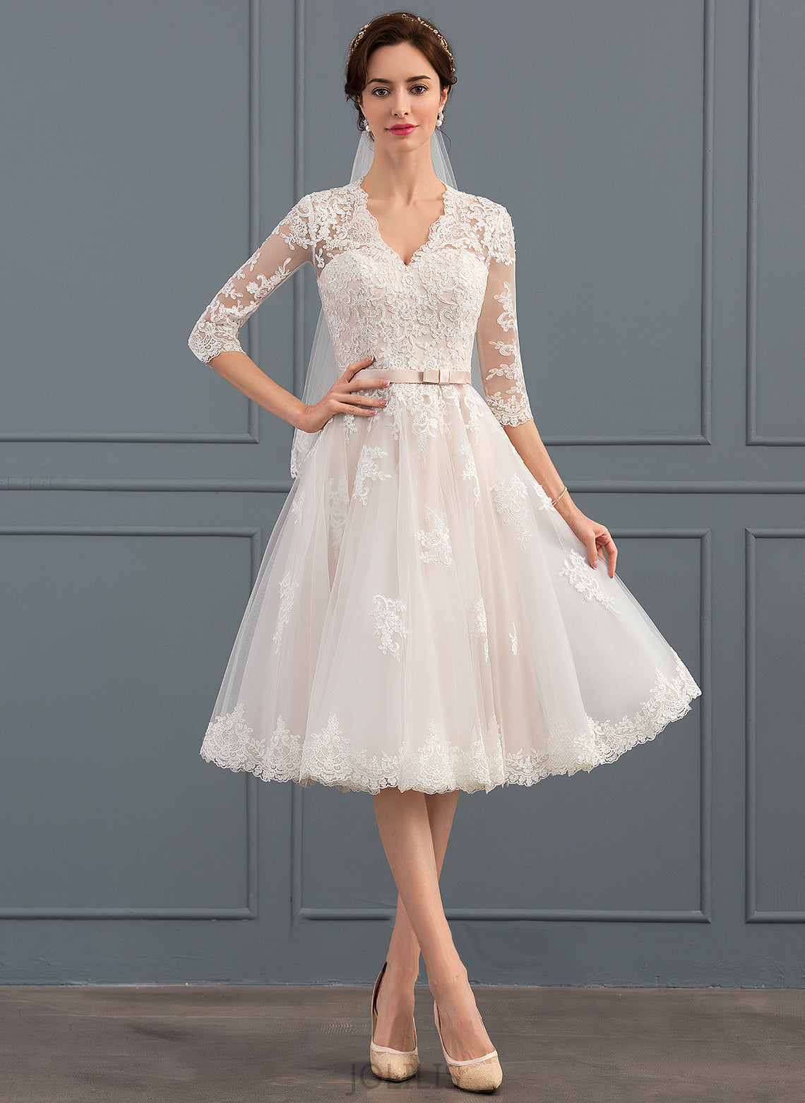 Tulle Wedding Dresses With Dress Wedding V-neck Diamond Knee-Length A-Line Bow(s)