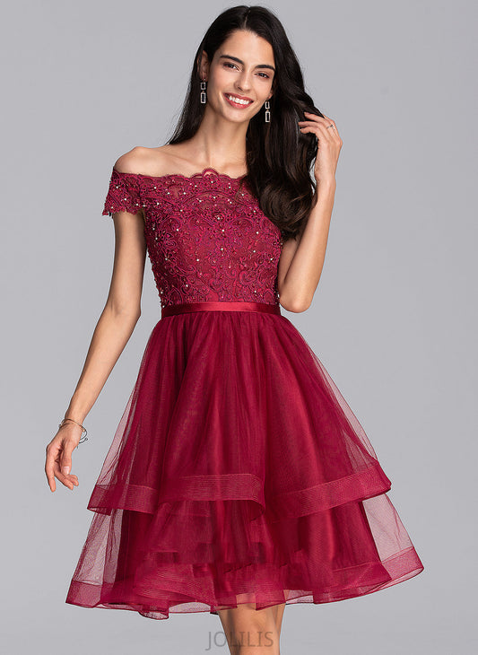 Beading A-Line Sequins Dress Knee-Length Homecoming With Alexus Lace Off-the-Shoulder Homecoming Dresses Tulle