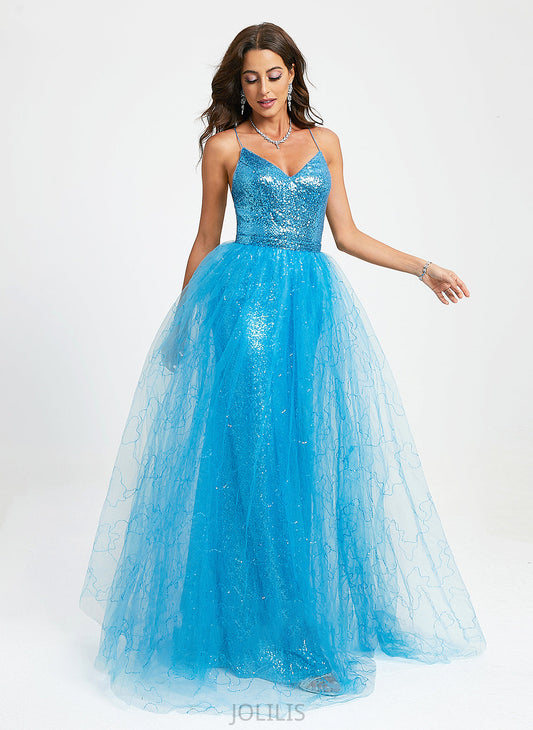 Ball-Gown/Princess Floor-Length With Sequins Rayna Tulle Prom Dresses V-neck