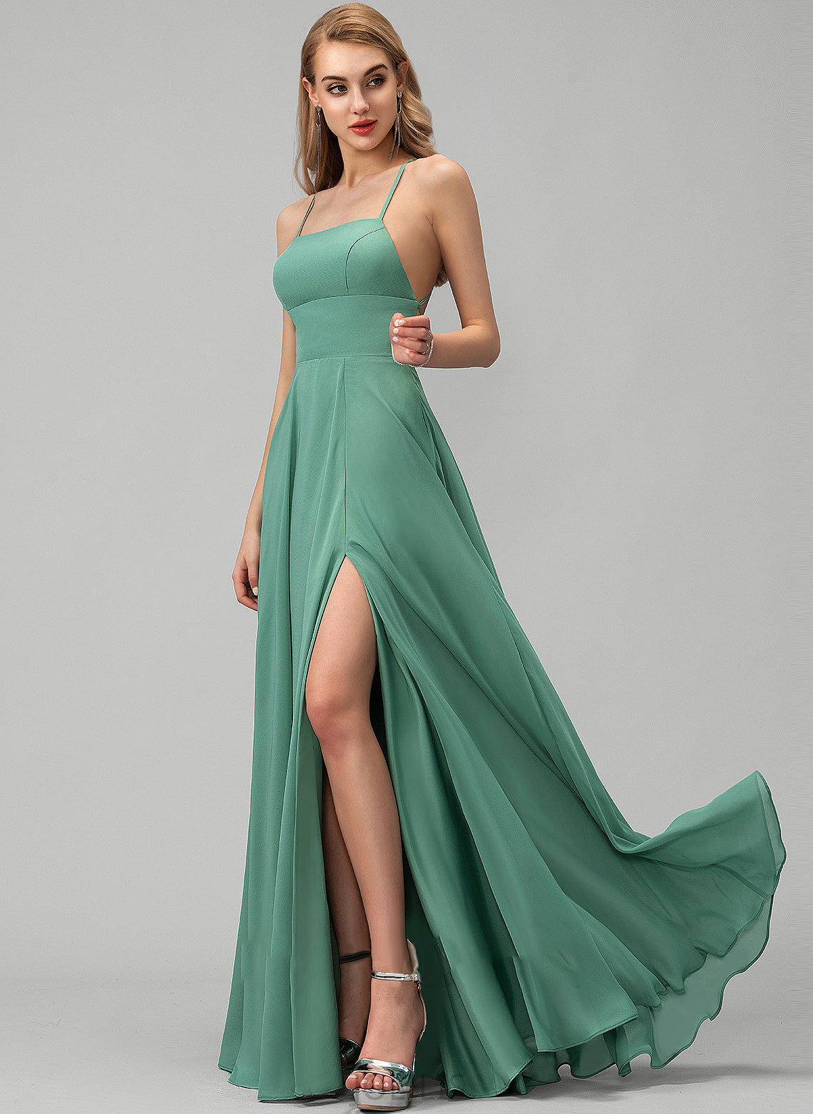 Floor-Length Prom Dresses Split Daniela Square Pockets Front Neckline A-Line Chiffon With