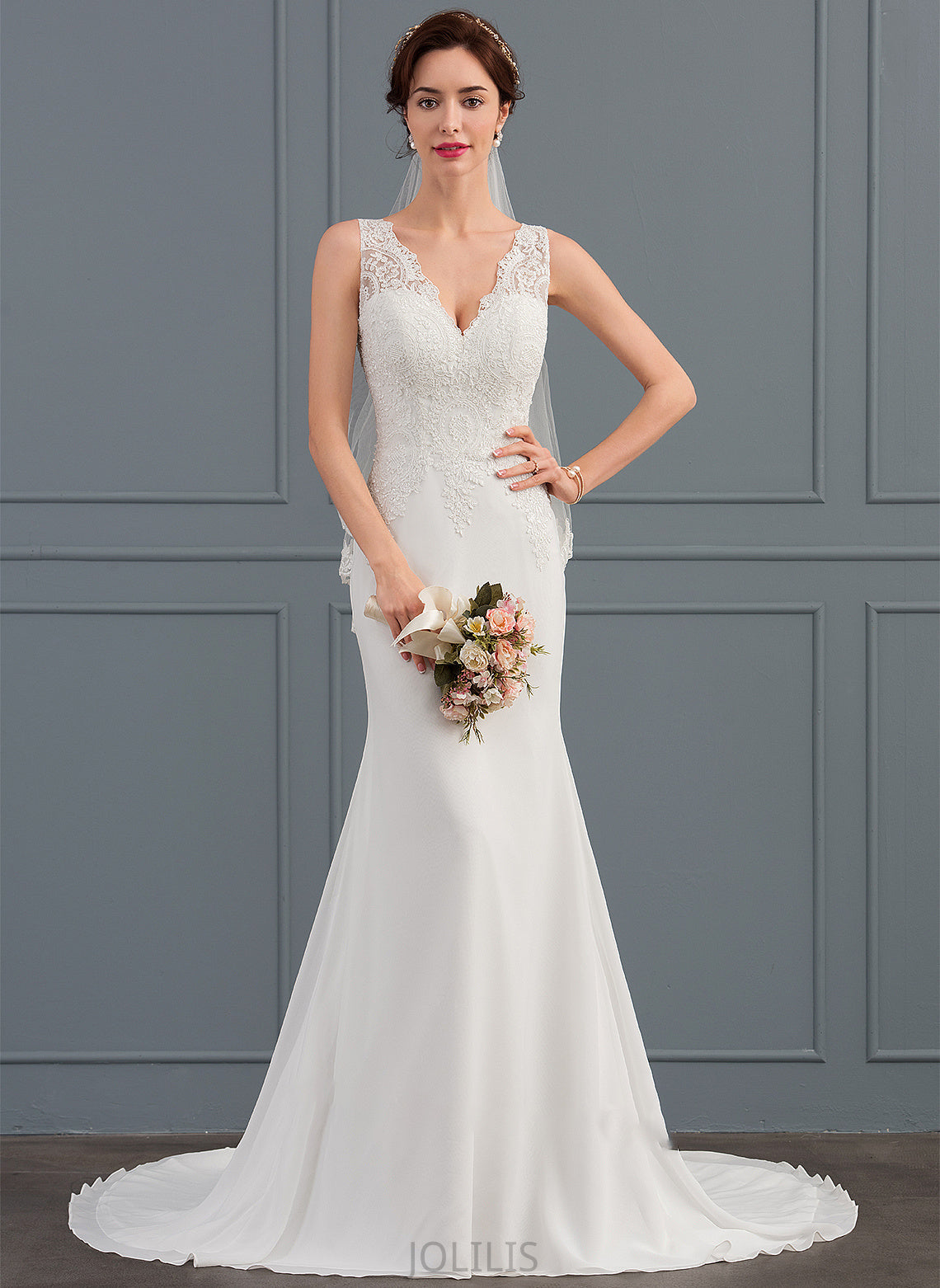 Aurora Train V-neck Court Wedding Dress Wedding Dresses Trumpet/Mermaid Chiffon