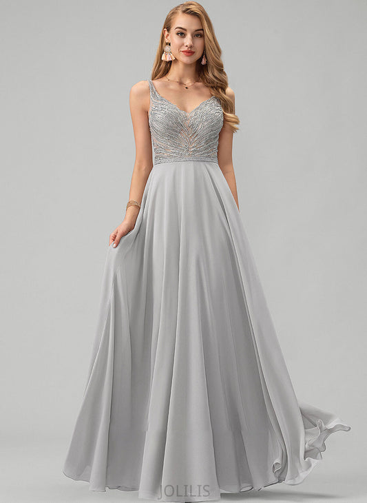 Sequins V-neck Prom Dresses Beading With Rosalyn Chiffon A-Line Floor-Length