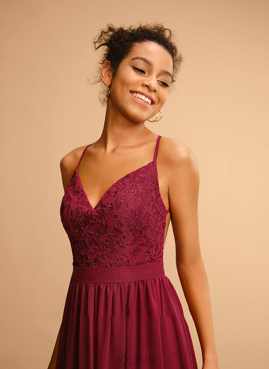 A-Line With Floor-Length Lace Prom Dresses V-neck Jocelynn Chiffon