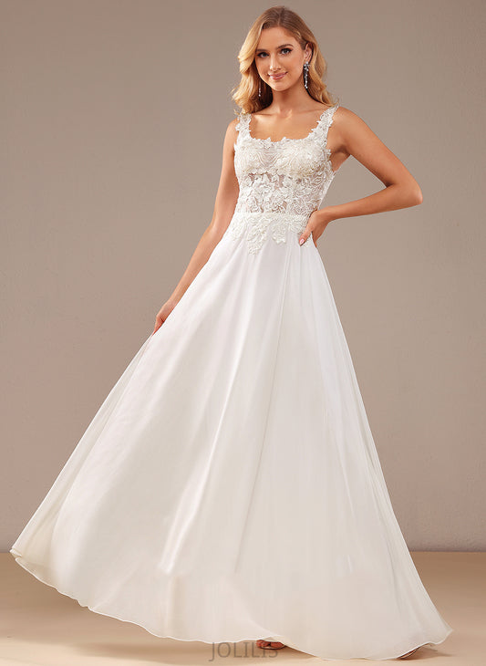 Floor-Length Dress Neckline Lace Wedding Dresses With Sandy Lace Square A-Line Sequins Wedding Chiffon