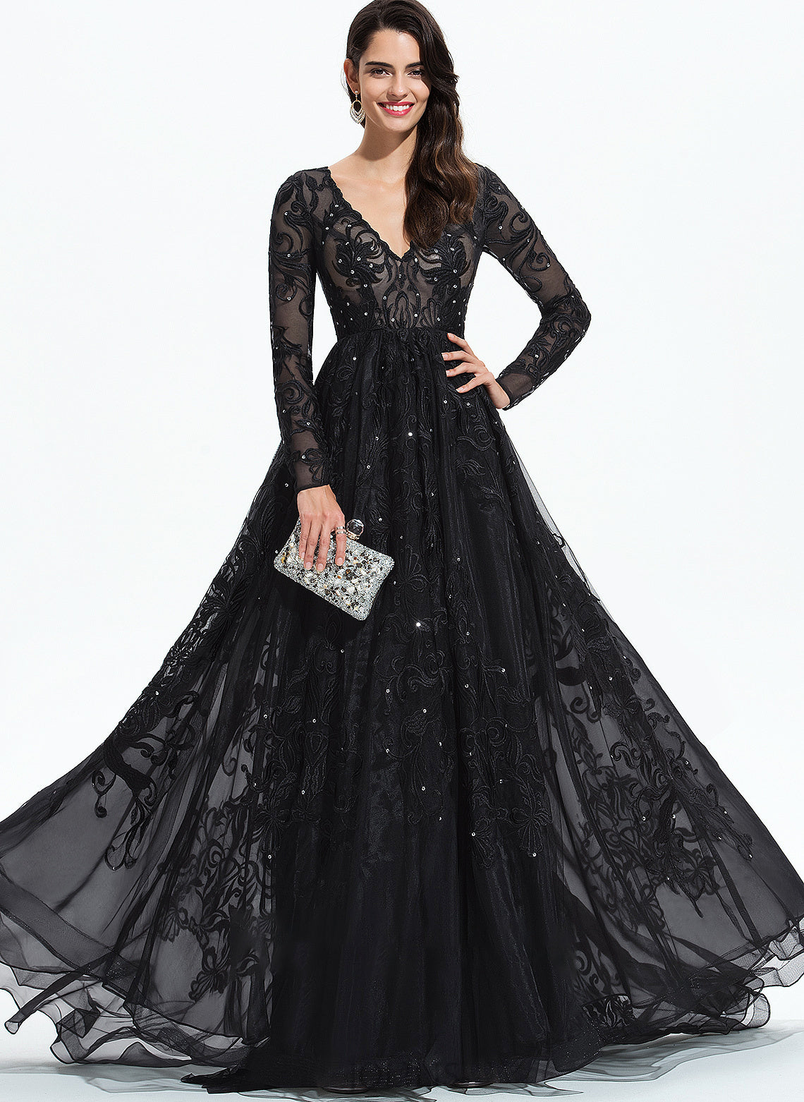 Hadley V-neck Ball-Gown/Princess Sweep Sequins With Train Prom Dresses Tulle Lace