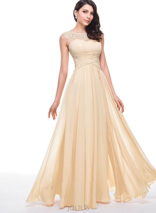 Ruffle Neck Kyla Flower(s) With A-Line Prom Dresses Scoop Chiffon Floor-Length Beading