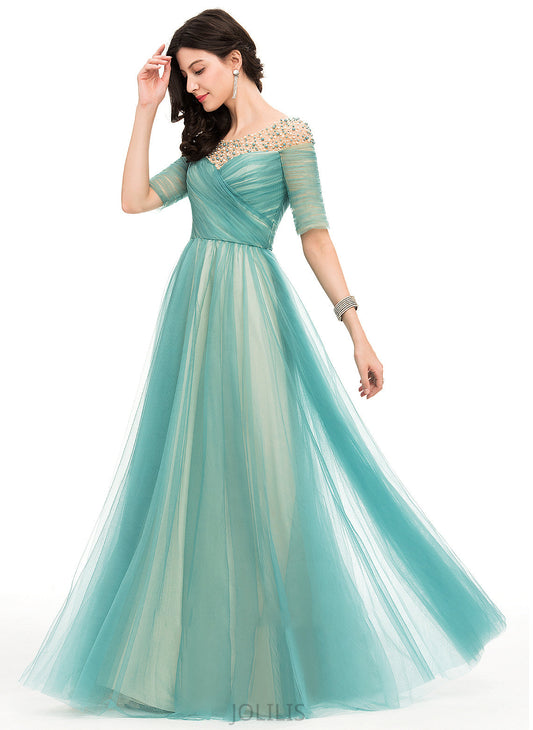 Tulle Scoop Neck Ball-Gown/Princess Tiffany With Beading Floor-Length Prom Dresses