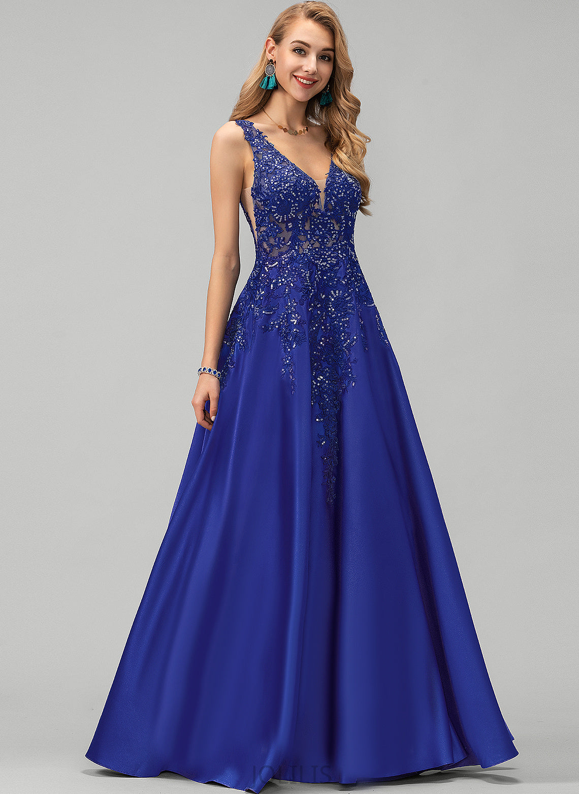 Floor-Length Sequins With A-Line V-neck Prom Dresses Satin Alexandria