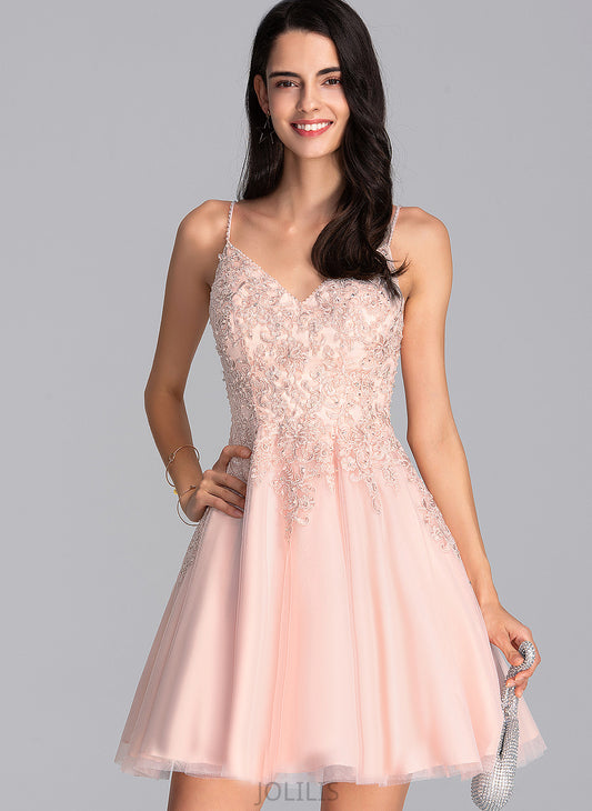 Undine Prom Dresses Short/Mini Tulle A-Line V-neck With Beading