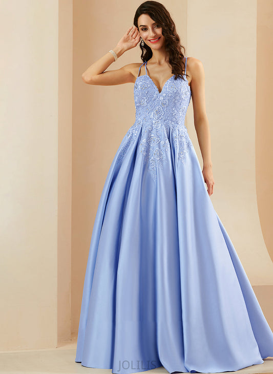 Floor-Length With Ball-Gown/Princess Sequins Beading Satin Novia V-neck Prom Dresses