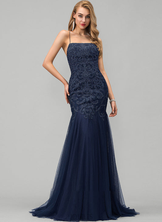 Alma Neckline Sweep Prom Dresses Train Tulle Trumpet/Mermaid With Lace Square Sequins