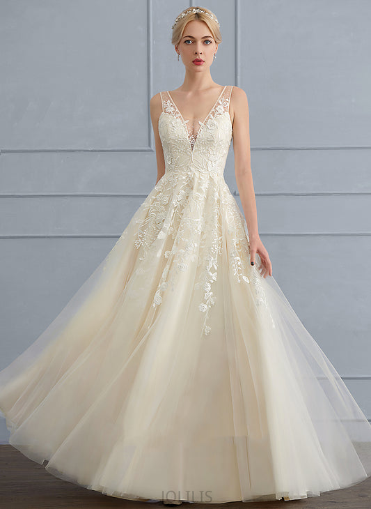 Dress A-Line Sequins Wedding Dresses Wedding Jayda V-neck Floor-Length Tulle Lace With Beading